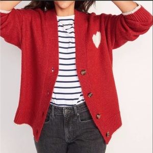 Old Navy red oversized sweater cardigan with white ribbed trimming